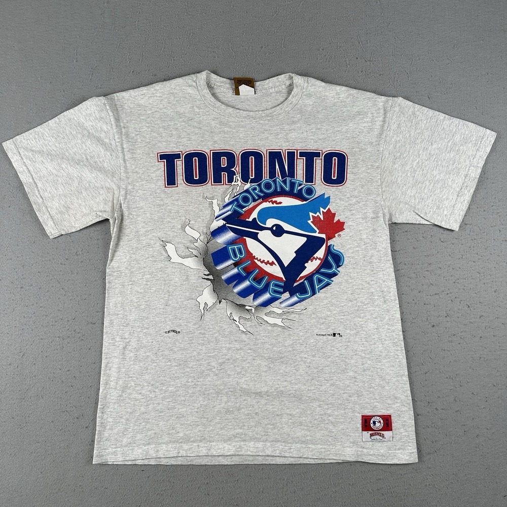Vtg 90s Toronto‎ Blue Jays Break Through T Shirt Men's Large Gray Double Sided